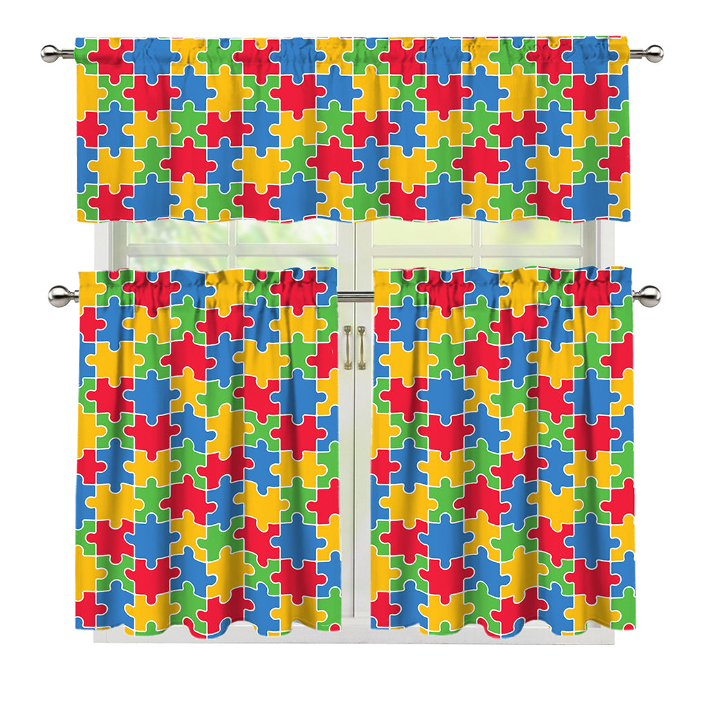 Autism Awareness Jigsaw Pattern Print 3 Piece Kitchen Curtains