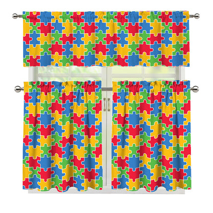 Autism Awareness Jigsaw Pattern Print 3 Piece Kitchen Curtains