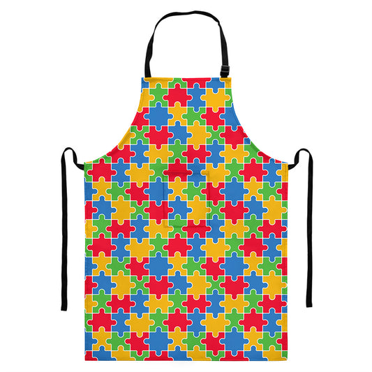 Autism Awareness Jigsaw Pattern Print Bib Apron With Pocket