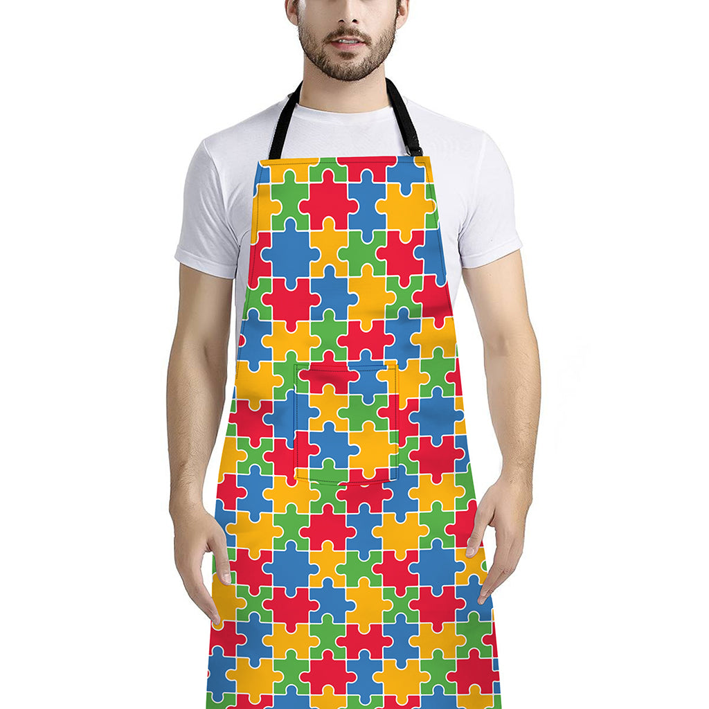 Autism Awareness Jigsaw Pattern Print Bib Apron With Pocket
