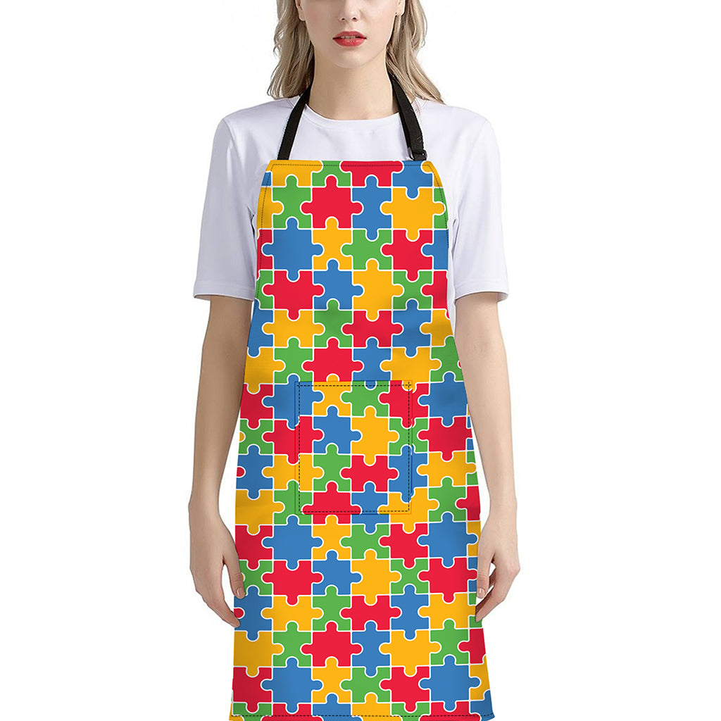 Autism Awareness Jigsaw Pattern Print Bib Apron With Pocket
