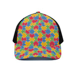 Autism Awareness Jigsaw Pattern Print Black Mesh Trucker Cap