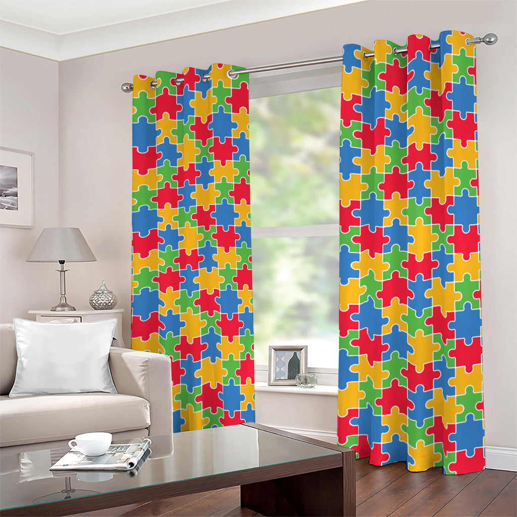 Autism Awareness Jigsaw Pattern Print Blackout Grommet Curtains