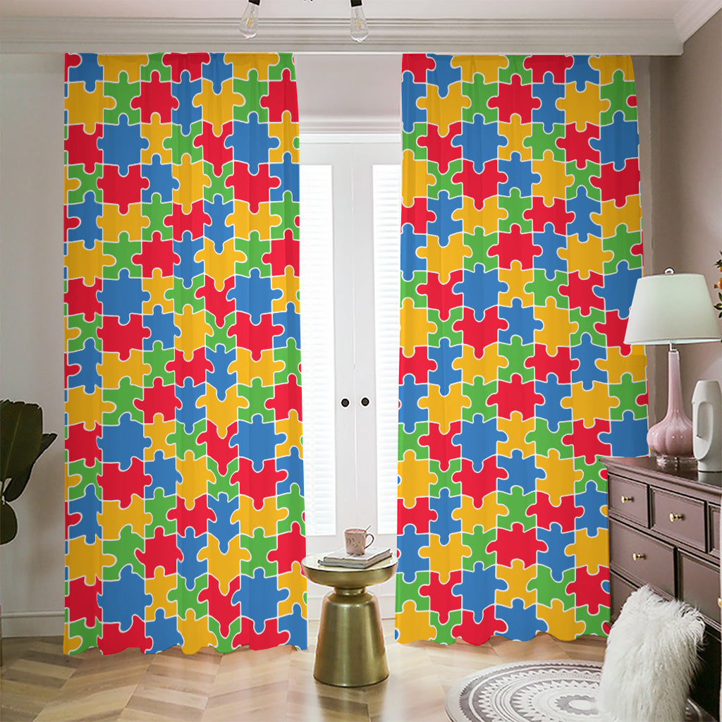 Autism Awareness Jigsaw Pattern Print Blackout Pencil Pleat Curtains