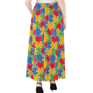 Autism Awareness Jigsaw Pattern Print Chiffon Maxi Skirt