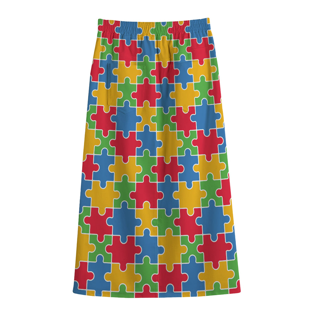 Autism Awareness Jigsaw Pattern Print Cotton Front Slit Maxi Skirt