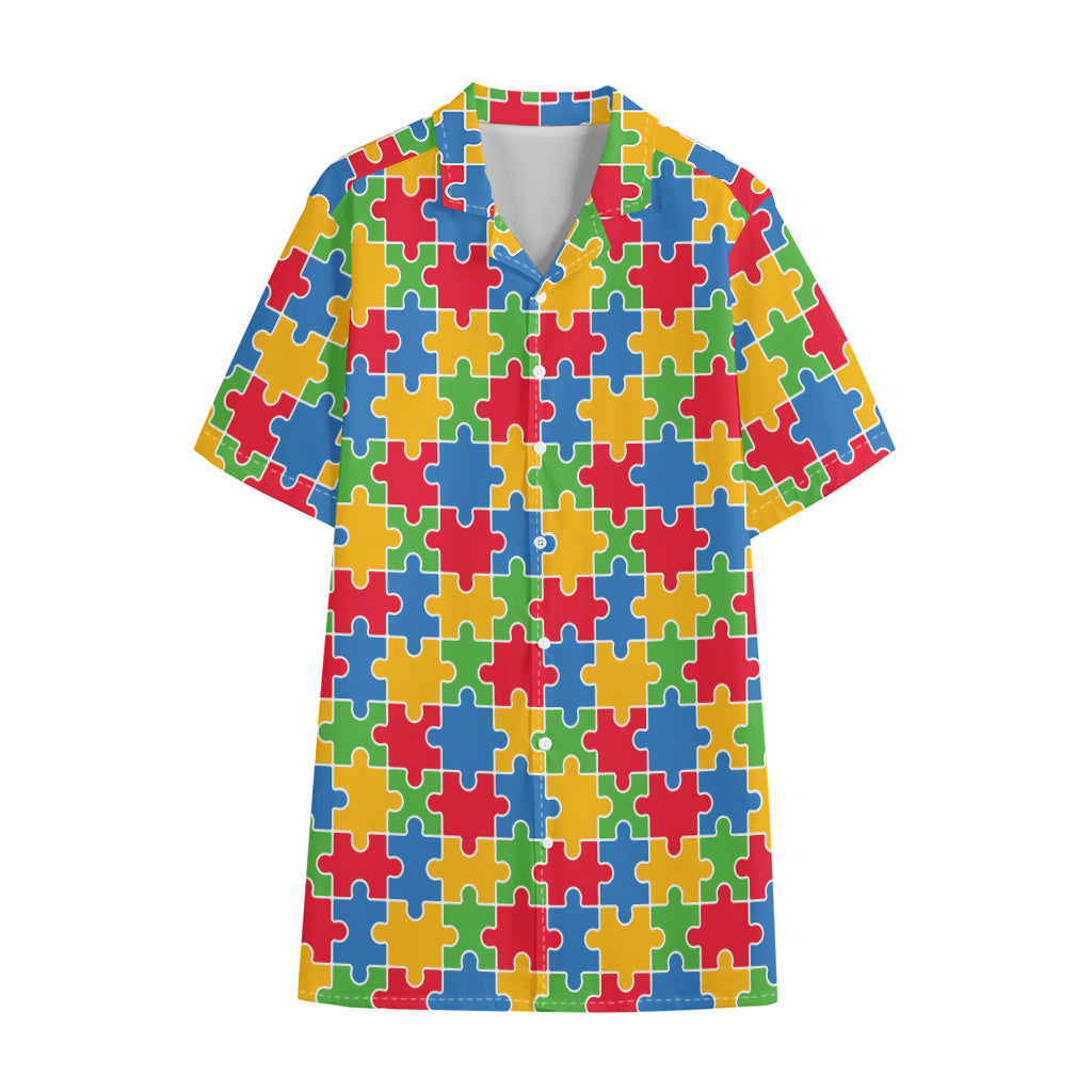 Autism Awareness Jigsaw Pattern Print Cotton Hawaiian Shirt