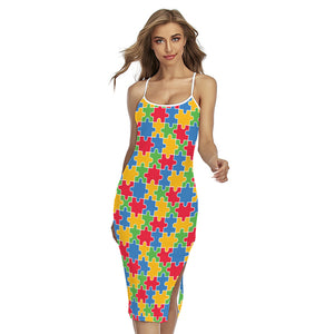 Autism Awareness Jigsaw Pattern Print Cross Back Cami Dress