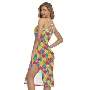 Autism Awareness Jigsaw Pattern Print Cross Back Cami Dress