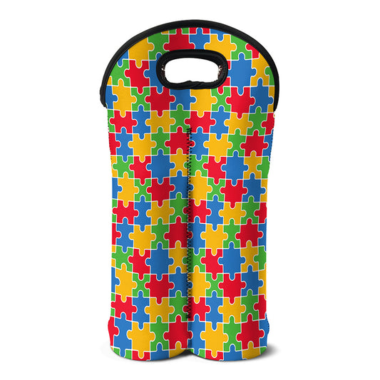 Autism Awareness Jigsaw Pattern Print Double Neoprene Wine Tote