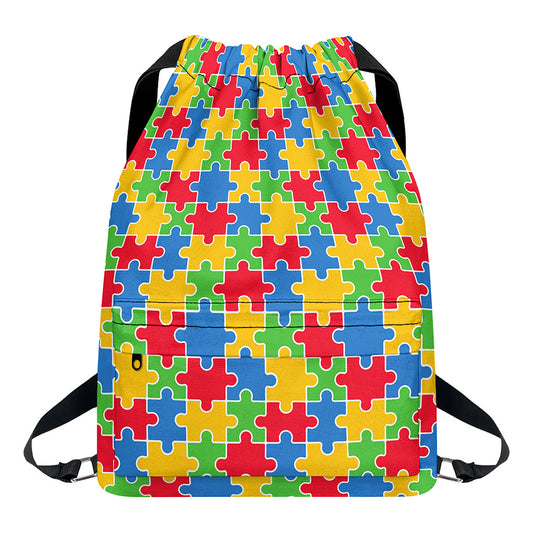 Autism Awareness Jigsaw Pattern Print Drawstring Backpack