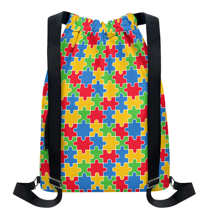 Autism Awareness Jigsaw Pattern Print Drawstring Backpack