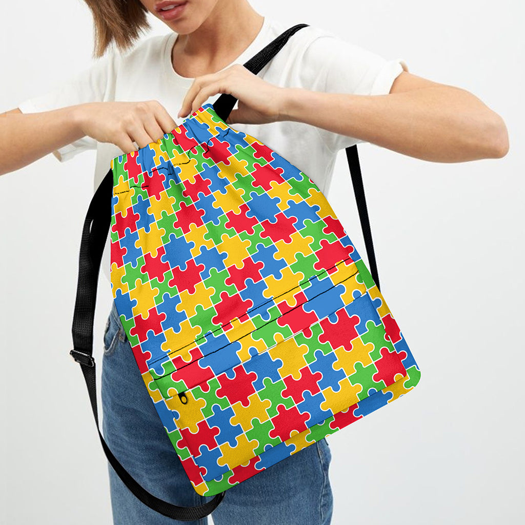 Autism Awareness Jigsaw Pattern Print Drawstring Backpack