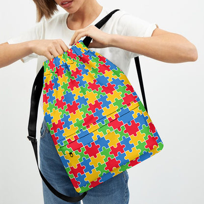 Autism Awareness Jigsaw Pattern Print Drawstring Backpack