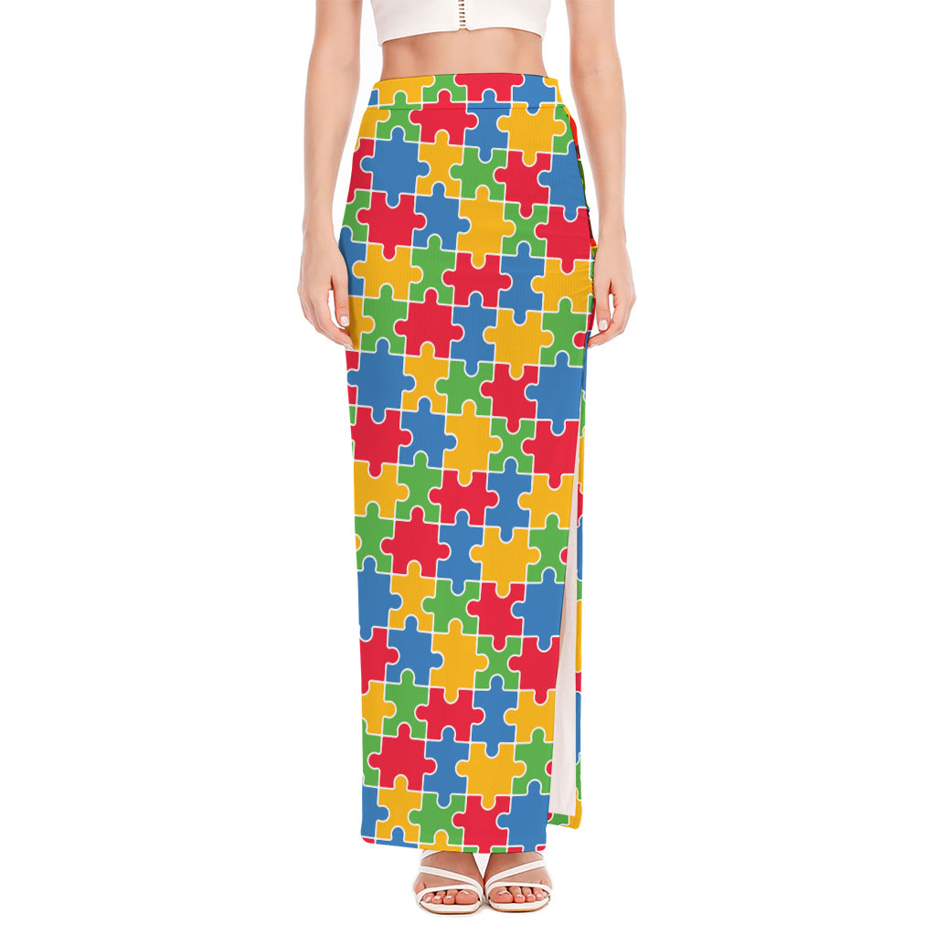 Autism Awareness Jigsaw Pattern Print High Slit Maxi Skirt