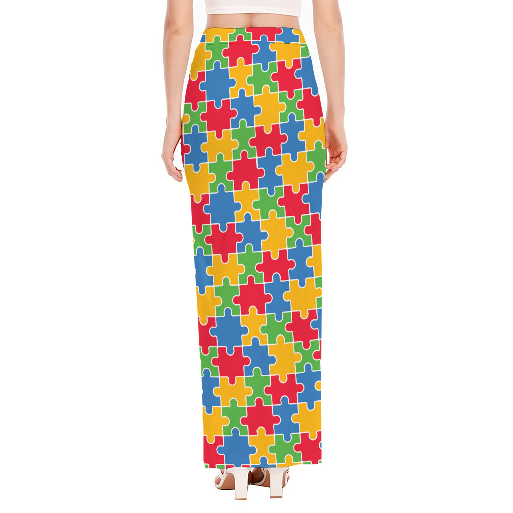 Autism Awareness Jigsaw Pattern Print High Slit Maxi Skirt