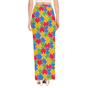 Autism Awareness Jigsaw Pattern Print High Slit Maxi Skirt