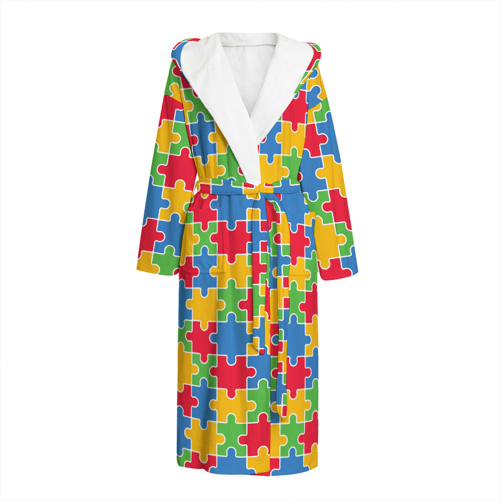 Autism Awareness Jigsaw Pattern Print Hooded Bathrobe