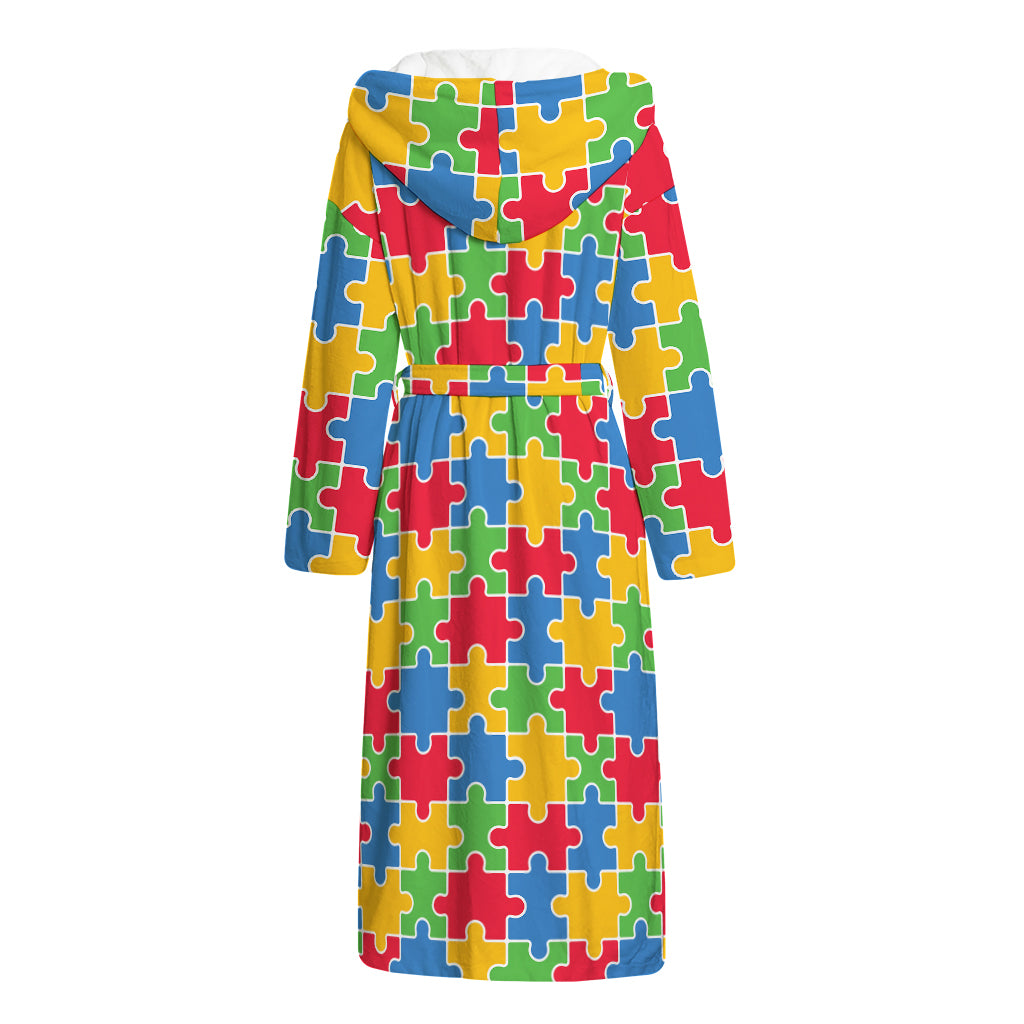 Autism Awareness Jigsaw Pattern Print Hooded Bathrobe