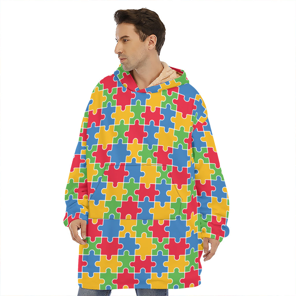 Autism Awareness Jigsaw Pattern Print Hoodie Blanket