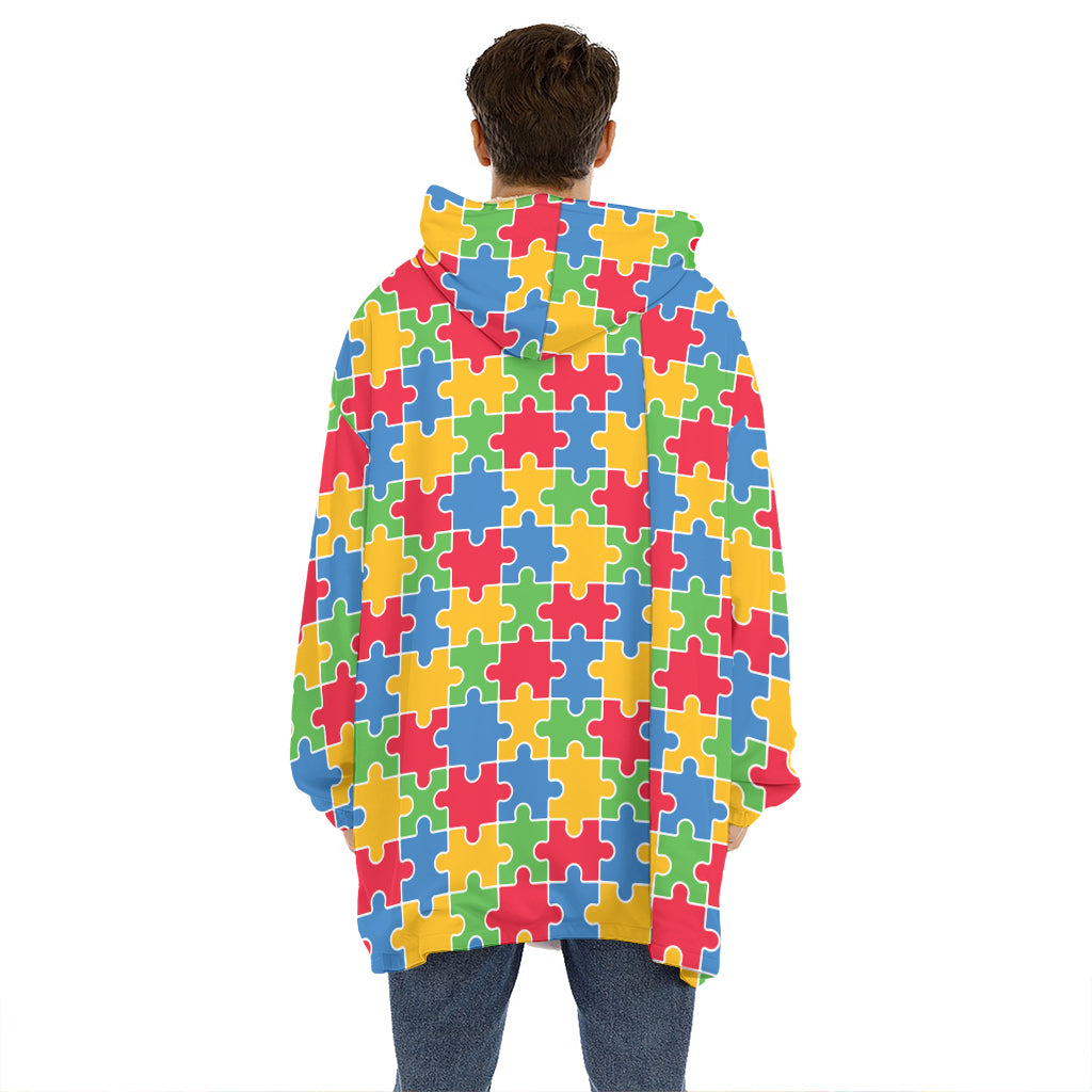 Autism Awareness Jigsaw Pattern Print Hoodie Blanket