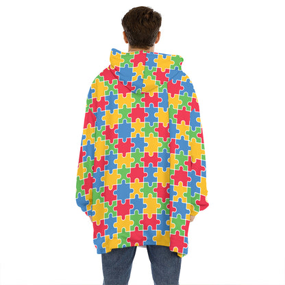 Autism Awareness Jigsaw Pattern Print Hoodie Blanket