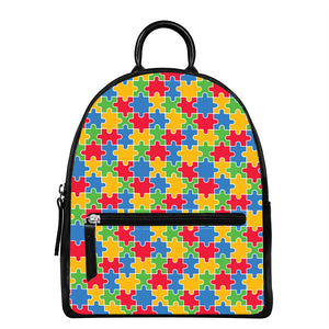 Autism Awareness Jigsaw Pattern Print Leather Backpack