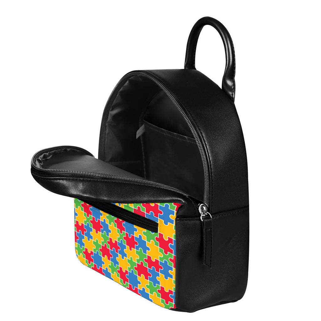 Autism Awareness Jigsaw Pattern Print Leather Backpack