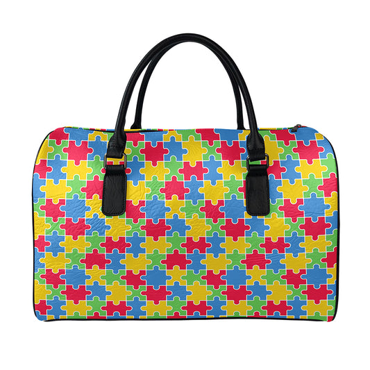 Autism Awareness Jigsaw Pattern Print Leather Duffle Bag