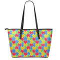 Autism Awareness Jigsaw Pattern Print Leather Tote Bag With Zipper
