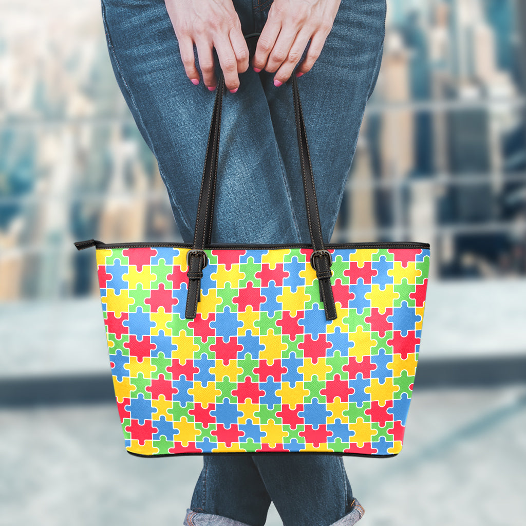 Autism Awareness Jigsaw Pattern Print Leather Tote Bag