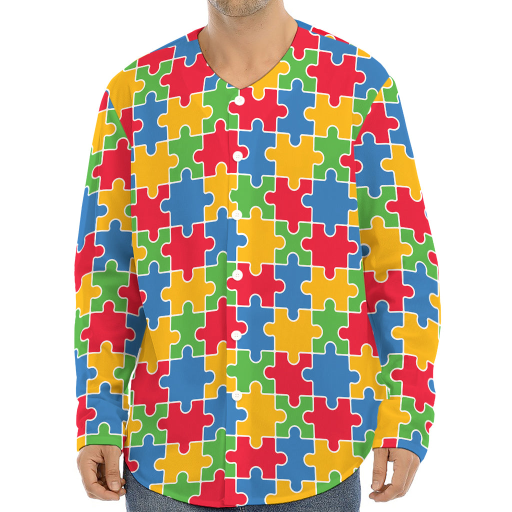 Autism Awareness Jigsaw Pattern Print Long Sleeve Baseball Jersey