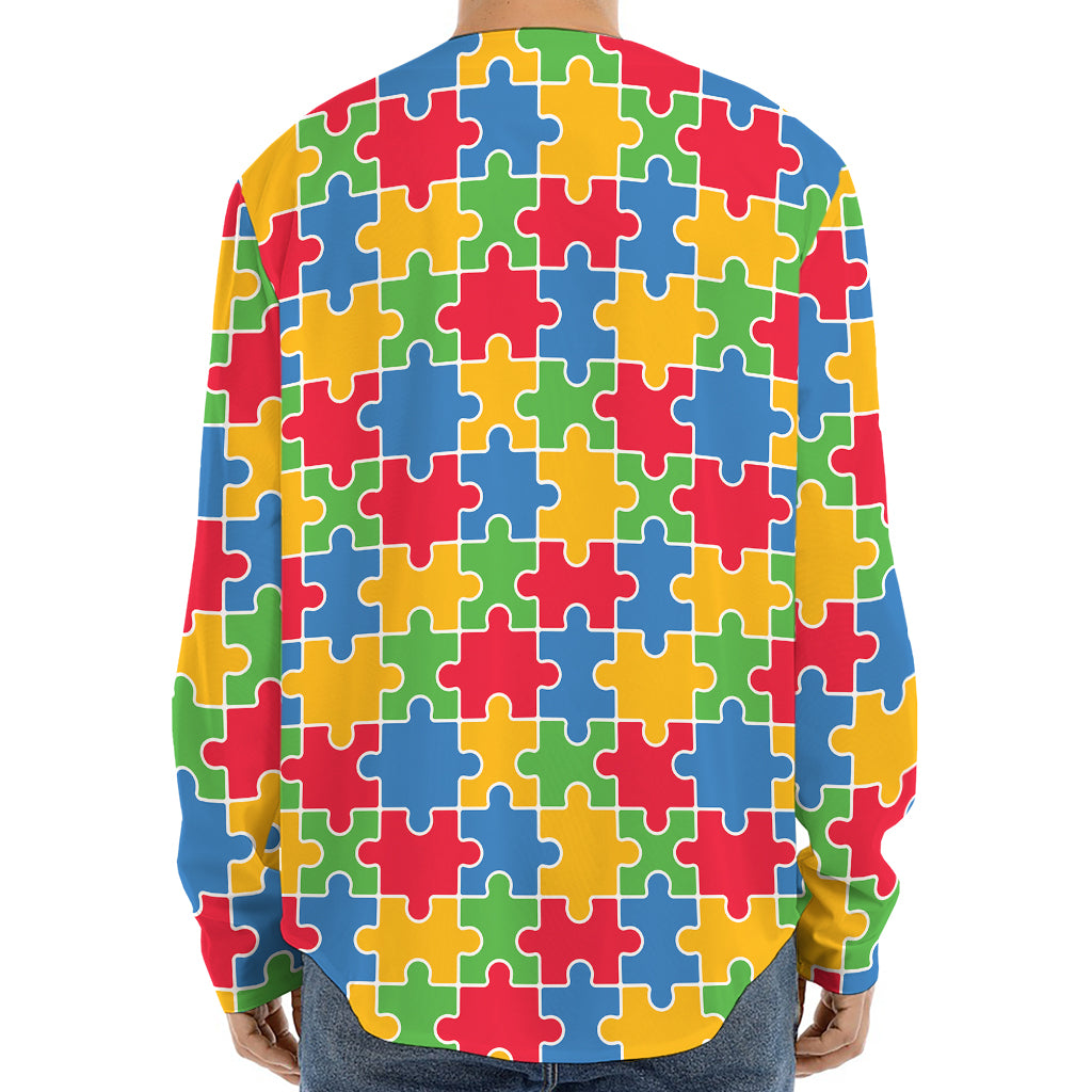 Autism Awareness Jigsaw Pattern Print Long Sleeve Baseball Jersey