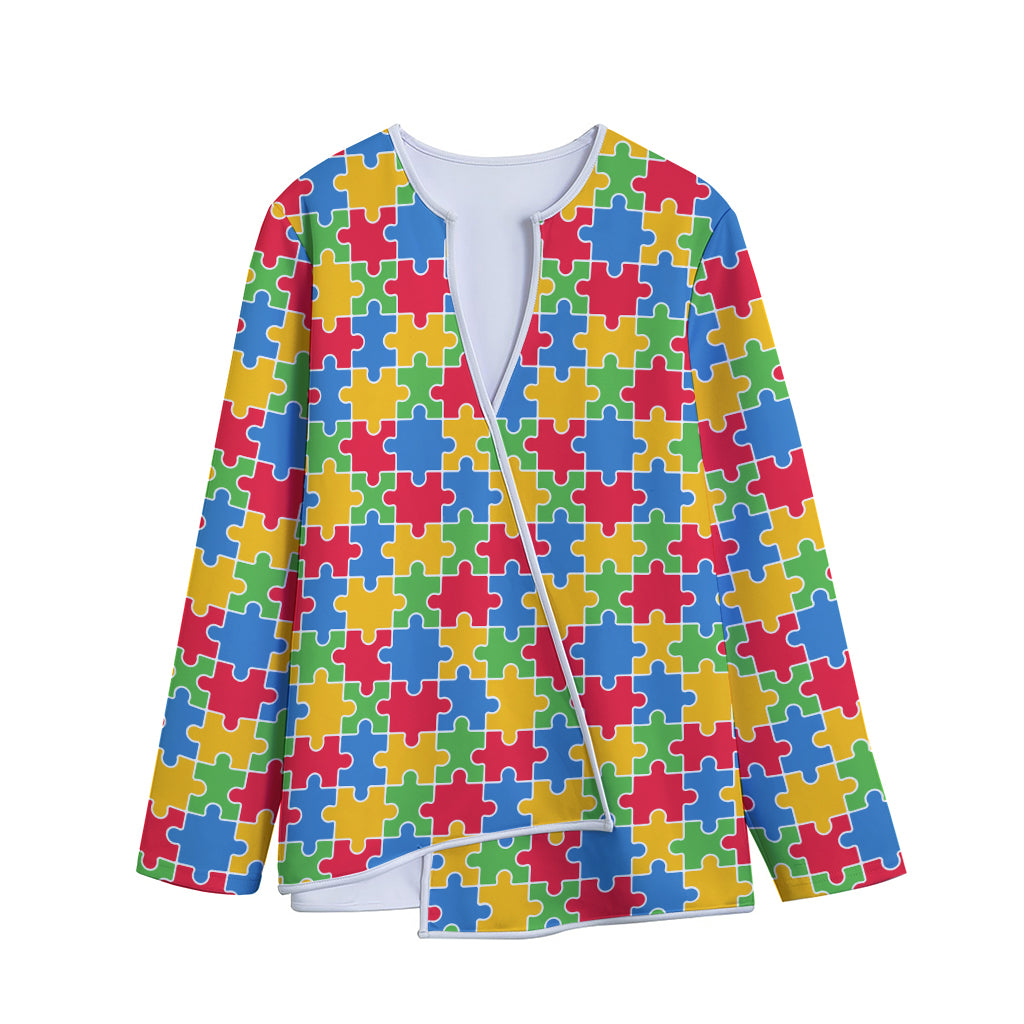 Autism Awareness Jigsaw Pattern Print Long Sleeve Short Coat