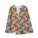 Autism Awareness Jigsaw Pattern Print Long Sleeve Short Coat