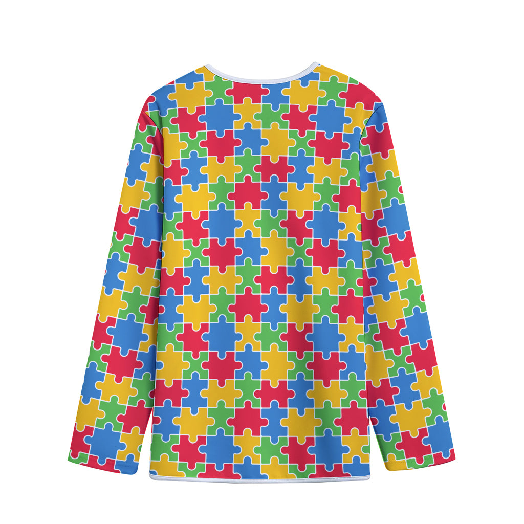 Autism Awareness Jigsaw Pattern Print Long Sleeve Short Coat