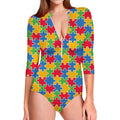 Autism Awareness Jigsaw Pattern Print Long Sleeve Swimsuit