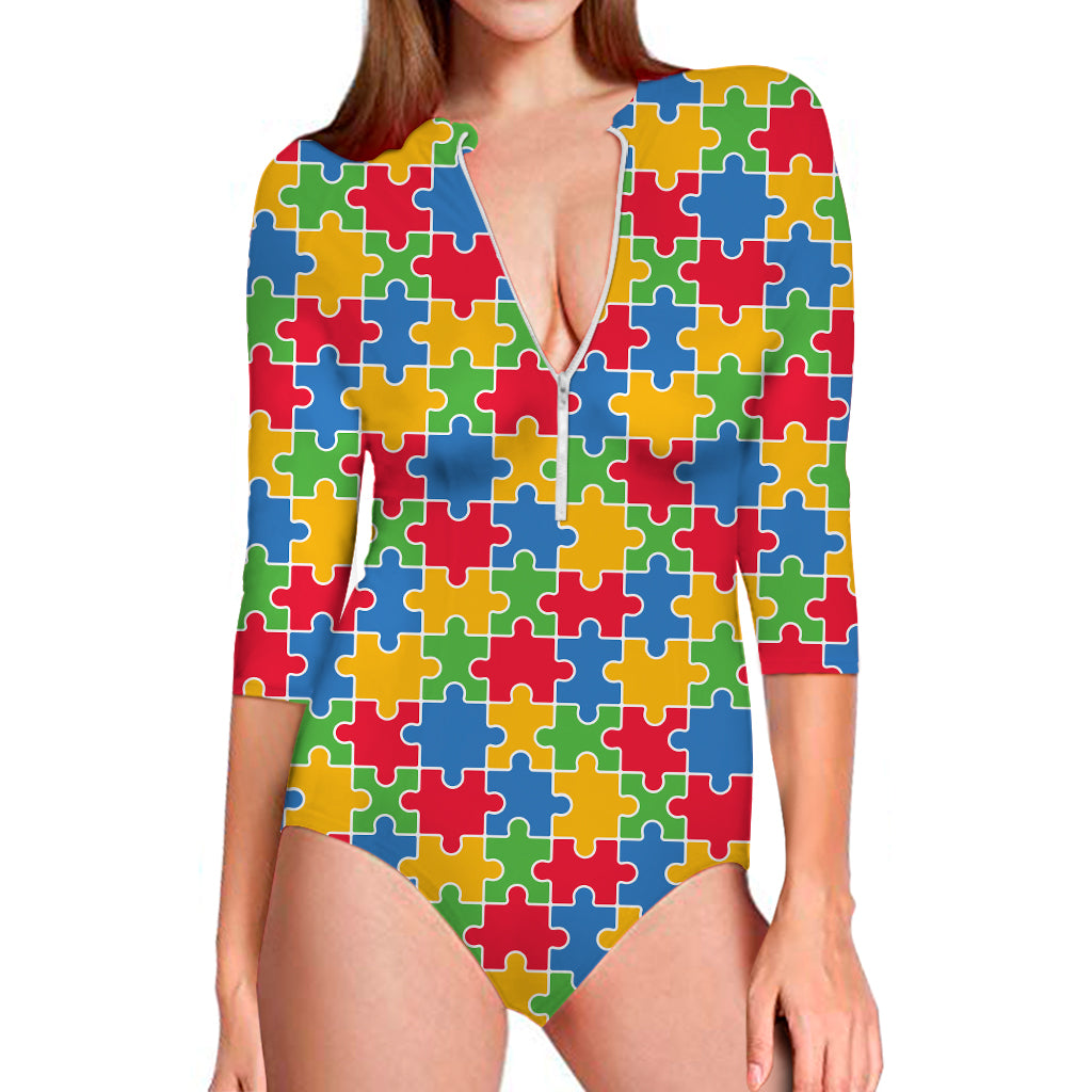 Autism Awareness Jigsaw Pattern Print Long Sleeve Swimsuit
