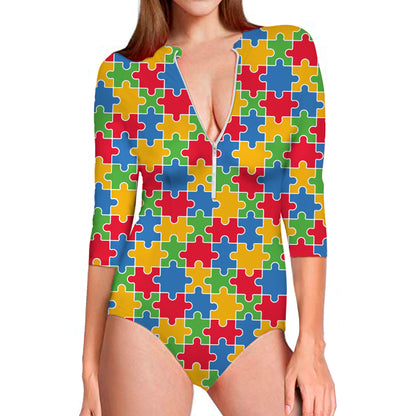 Autism Awareness Jigsaw Pattern Print Long Sleeve Swimsuit