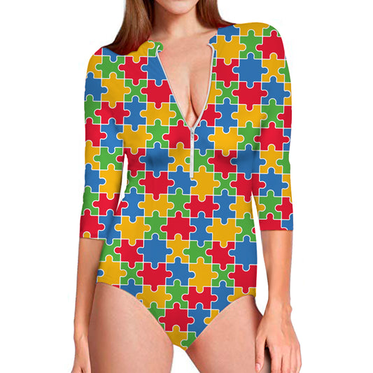 Autism Awareness Jigsaw Pattern Print Long Sleeve Swimsuit