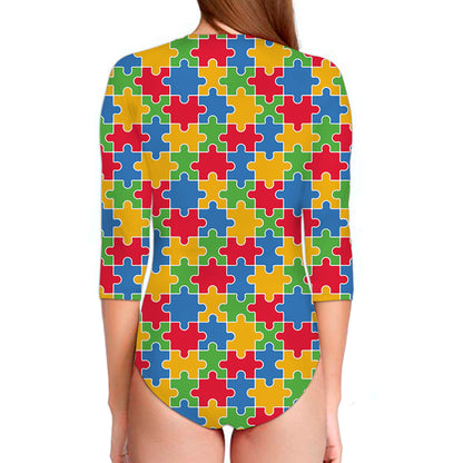 Autism Awareness Jigsaw Pattern Print Long Sleeve Swimsuit