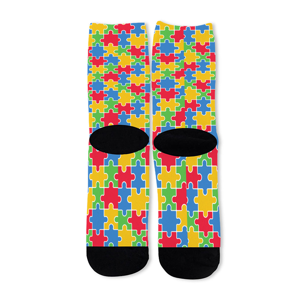 Autism Awareness Jigsaw Pattern Print Long Socks