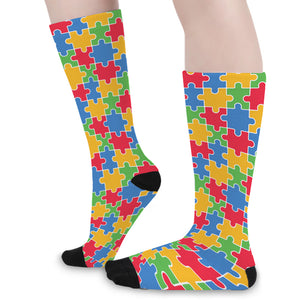 Autism Awareness Jigsaw Pattern Print Long Socks