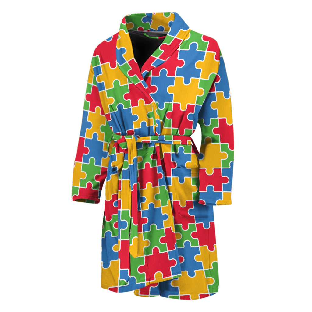 Autism Awareness Jigsaw Pattern Print Men's Bathrobe