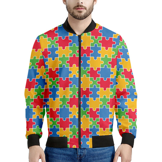 Autism Awareness Jigsaw Pattern Print Men's Bomber Jacket