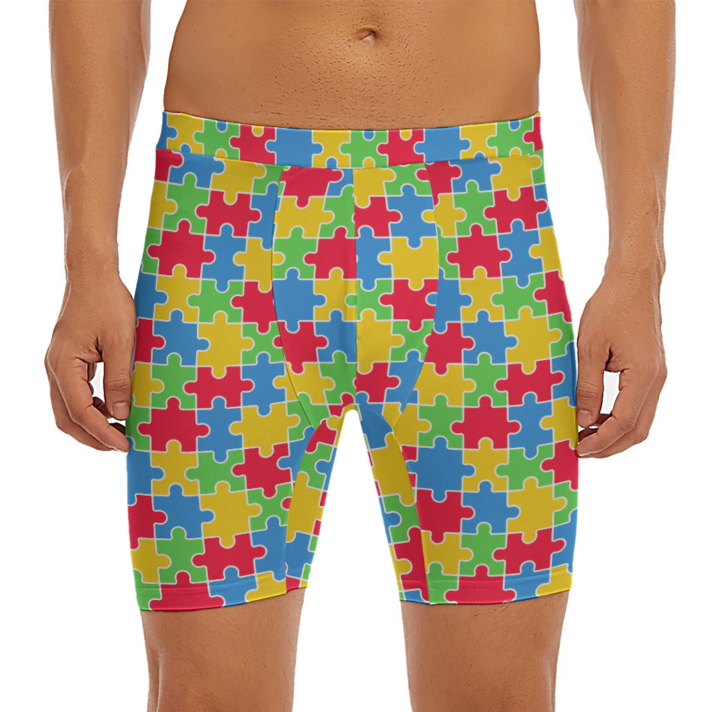 Autism Awareness Jigsaw Pattern Print Men's Long Boxer Briefs