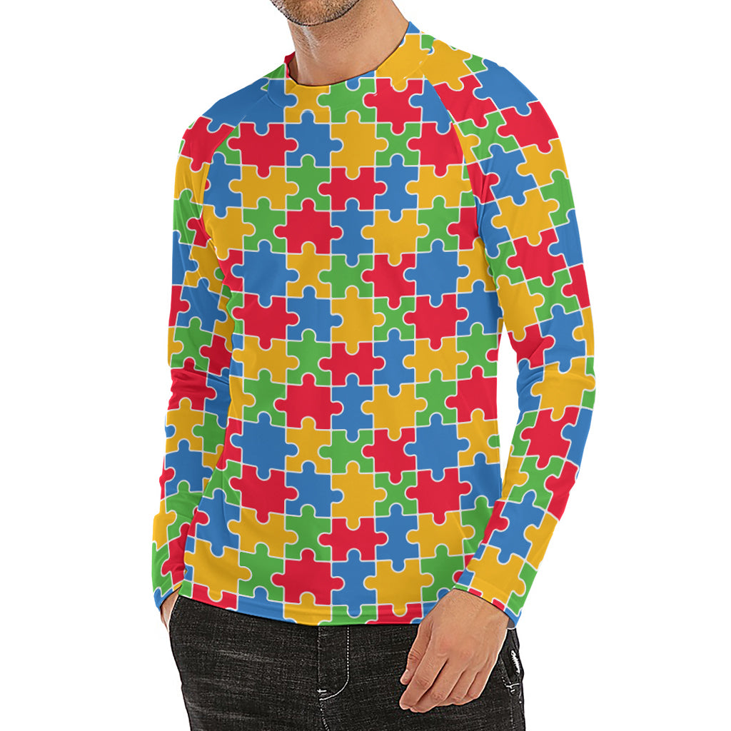 Autism Awareness Jigsaw Pattern Print Men's Long Sleeve Rash Guard