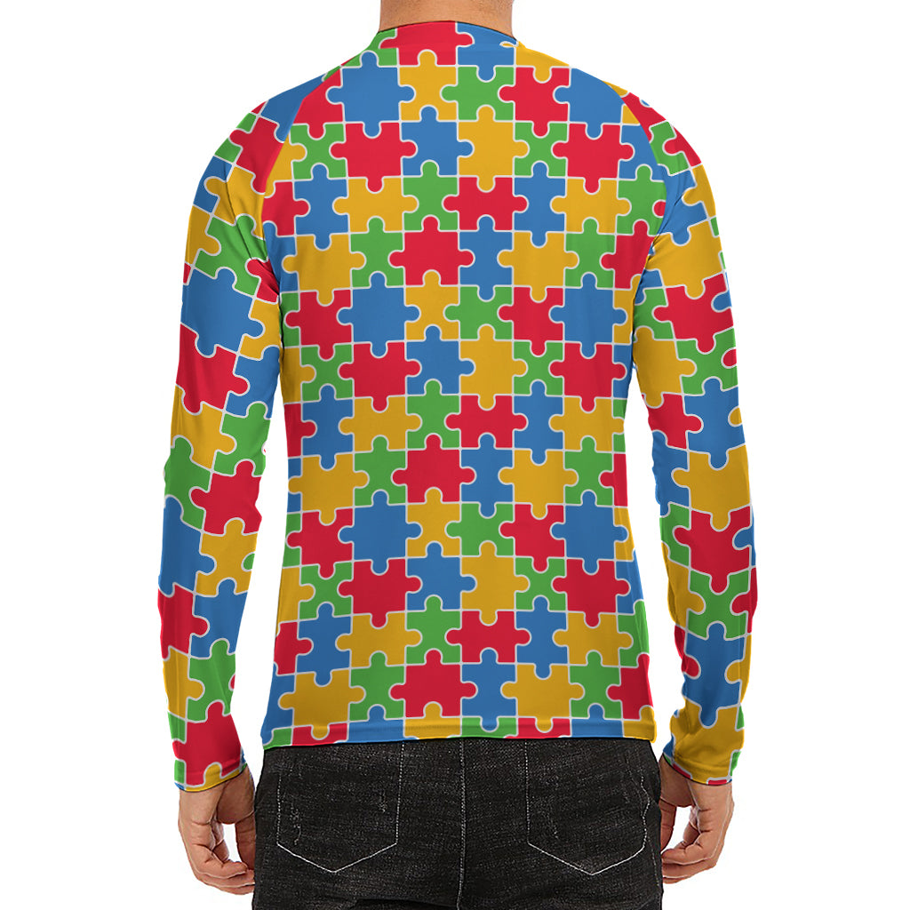 Autism Awareness Jigsaw Pattern Print Men's Long Sleeve Rash Guard