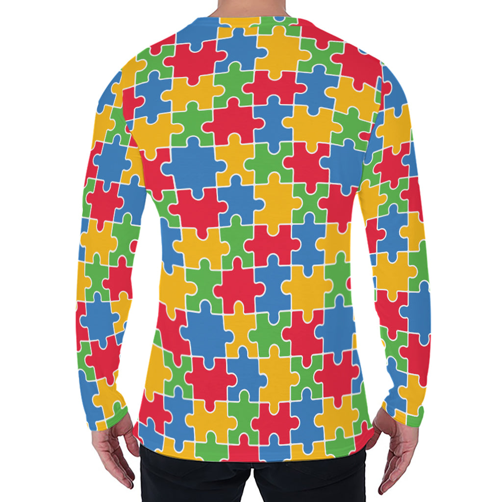 Autism Awareness Jigsaw Pattern Print Men's Long Sleeve T-Shirt