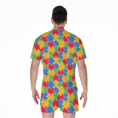 Autism Awareness Jigsaw Pattern Print Men's Rompers